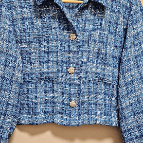 Zara Women's Plaid Tweed Cropped Long Sleeve Button Down Blazer Top Blue Size L. - Picture 10 of 16
